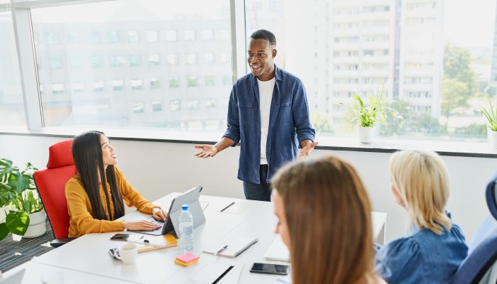 Man leading business meeting 